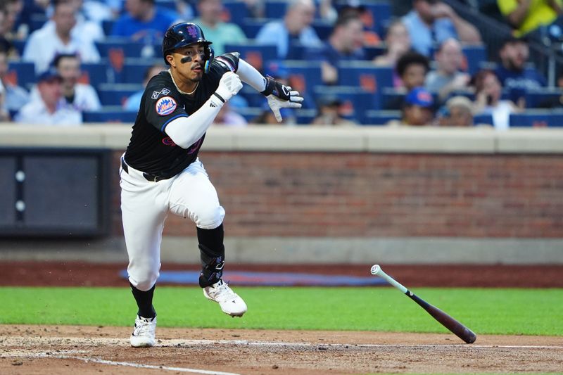 Jul 10, 2024; New York City, New York, USA; New York Mets third baseman Mark Vientos (27) runs out a double against the Washington Nationals during the fourth inning at Citi Field. Mandatory Credit: Gregory Fisher-USA TODAY Sports