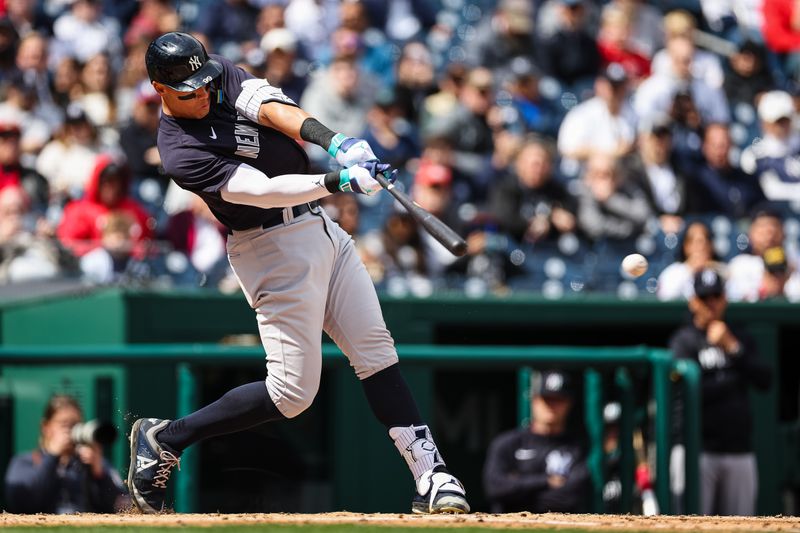 Mar 28, 2023; Washington, District of Columbia, USA; New York Yankees center fielder Aaron Judge (99) at bat against the Washington Nationals during the third inning of the Spring Training game at Nationals Park. Mandatory Credit: Scott Taetsch-USA TODAY Sports