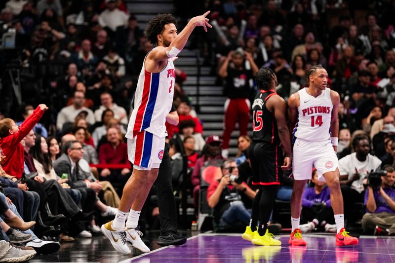 TORONTO, ON - NOVEMBER 15: Cade Cunningham #2 of the Detroit Pistons celebrates after making a basket against the Toronto Raptors during the Emirates NBA Cup game at Scotiabank Arena on November 15, 2024 in Toronto, Ontario, Canada. NOTE TO USER: User expressly acknowledges and agrees that, by downloading and/or using this Photograph, user is consenting to the terms and conditions of the Getty Images License Agreement. (Photo by Andrew Lahodynskyj/Getty Images)