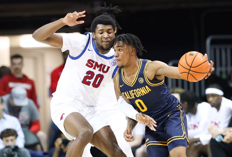 Jan 29, 2025; Dallas, Texas, USA;  California Golden Bears guard Jeremiah Wilkinson (0) controls the ball as Southern Methodist Mustangs forward Jerrell Colbert (20) defends during the first half at Moody Coliseum. Mandatory Credit: Kevin Jairaj-Imagn Images