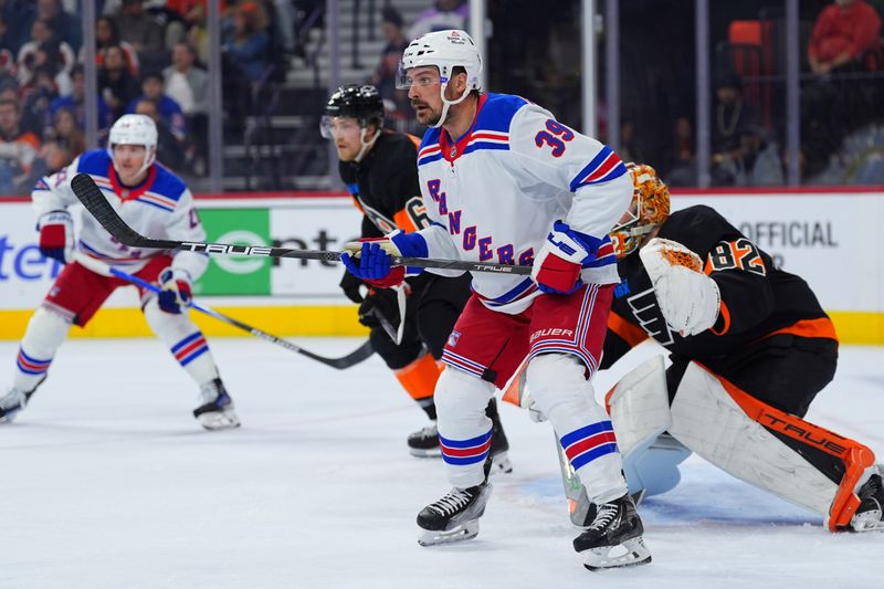 Nov 29, 2024; Philadelphia, Pennsylvania, USA; New York Rangers center Sam Carrick (39) in action against the Philadelphia Flyers in the second period at Wells Fargo Center. Mandatory Credit: Kyle Ross-Imagn Images