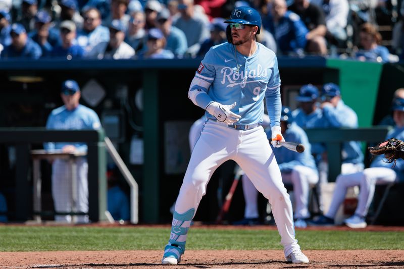 Apr 21, 2024; Kansas City, Missouri, USA; Kansas City Royals first base Vinnie Pasquantino (9) at bat during the seventh inning against the Baltimore Orioles at Kauffman Stadium. Mandatory Credit: William Purnell-USA TODAY Sports