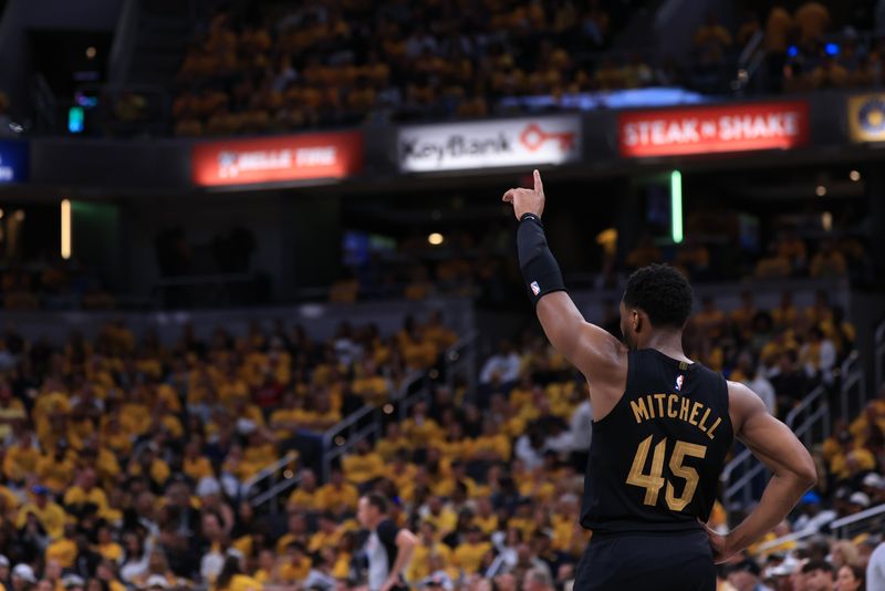 INDIANAPOLIS, INDIANA - MAY 09: Donovan Mitchell #45 of the Cleveland Cavaliers reacts against the Indiana Pacers during the third quarter of game three of the Eastern Conference Semifinals at Gainbridge Fieldhouse on May 09, 2025 in Indianapolis, Indiana. NOTE TO USER: User expressly acknowledges and agrees that, by downloading and or using this photograph, User is consenting to the terms and conditions of the Getty Images License Agreement. (Photo by Justin Casterline/Getty Images)