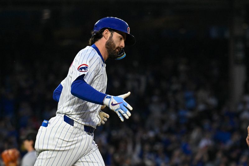 May 12, 2025; Chicago, Illinois, USA;  Chicago Cubs shortstop Dansby Swanson (7) runs after he  hit a two run home run against the Miami Marlins during the fifth inning at Wrigley Field. Mandatory Credit: Matt Marton-Imagn Images