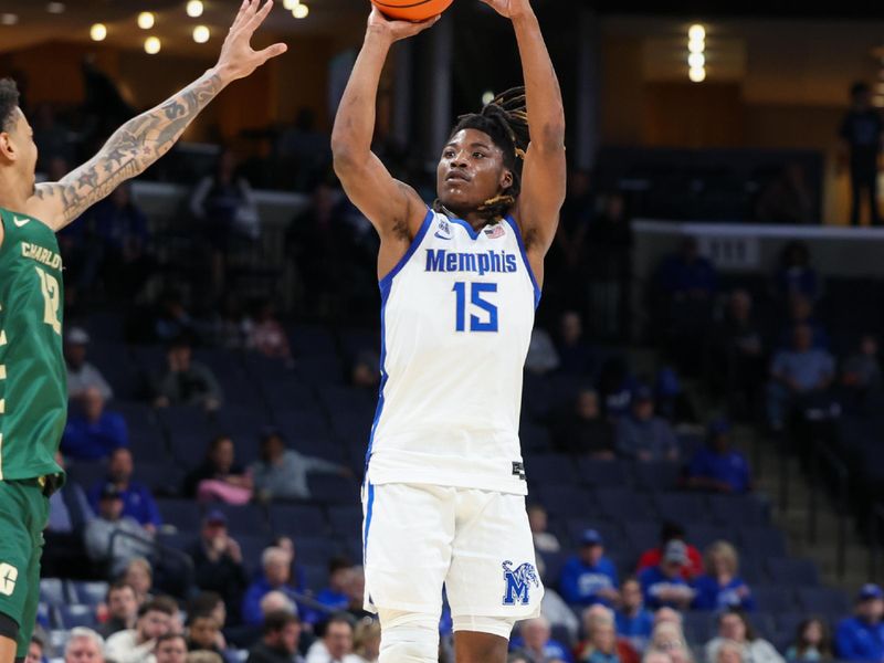 Feb 8, 2026; Memphis, Tennessee, USA; Memphis Tigers guard Julius Thedford (15) shoots the ball against the Charlotte 49ers during the second half at FedExForum. Mandatory Credit: Wesley Hale-Imagn Images
