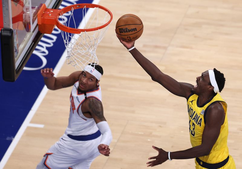 NEW YORK, NEW YORK - MAY 23: Pascal Siakam #43 of the Indiana Pacers shoots the ball against Miles McBride #2 of the New York Knicks during the second period in Game Two of the Eastern Conference Finals of the 2025 NBA Playoffs at Madison Square Garden on May 23, 2025 in New York City. NOTE TO USER: User expressly acknowledges and agrees that, by downloading and or using this photograph, User is consenting to the terms and conditions of the Getty Images License Agreement. (Photo by Dustin Satloff/Getty Images)