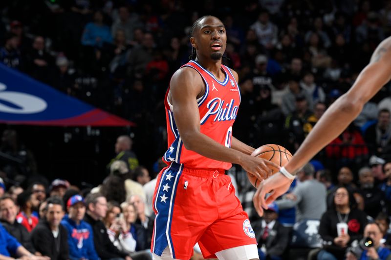 PHILADELPHIA, PA - JANUARY 10: Tyrese Maxey #0 of the Philadelphia 76ers handles the ball during the game against the New Orleans Pelicans on January 10, 2025 at the Wells Fargo Center in Philadelphia, Pennsylvania NOTE TO USER: User expressly acknowledges and agrees that, by downloading and/or using this Photograph, user is consenting to the terms and conditions of the Getty Images License Agreement. Mandatory Copyright Notice: Copyright 2025 NBAE (Photo by David Dow/NBAE via Getty Images)