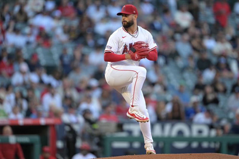 May 30, 2024; Anaheim, California, USA;  Los Angeles Angels starting pitcher Patrick Sandoval (43) delivers to the plate in the first inning against the New York Yankees at Angel Stadium. Mandatory Credit: Jayne Kamin-Oncea-USA TODAY Sports