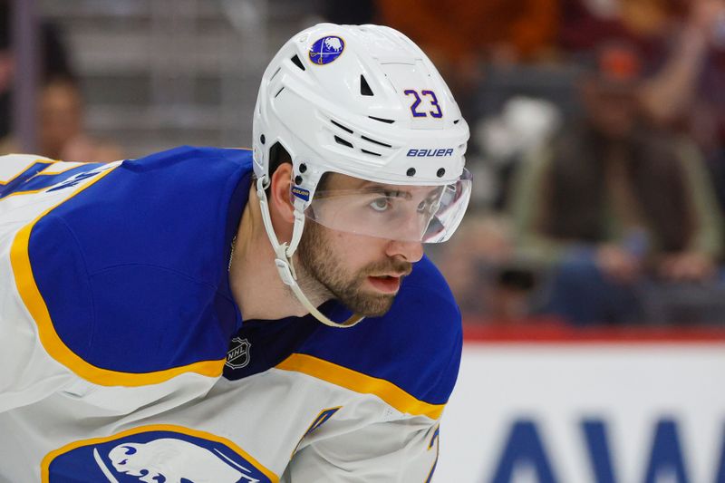 Nov 2, 2024; Detroit, Michigan, USA; Buffalo Sabres defenseman Mattias Samuelsson (23) looks on during the second period of the game at Little Caesars Arena. Mandatory Credit: Brian Bradshaw Sevald-Imagn Images