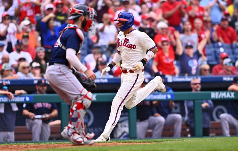 May 7, 2023; Philadelphia, Pennsylvania, USA; Philadelphia Phillies outfielder Nick Castellanos (8) advances home to score against the Boston Red Sox in the eighth inning at Citizens Bank Park. Mandatory Credit: Kyle Ross-USA TODAY Sports