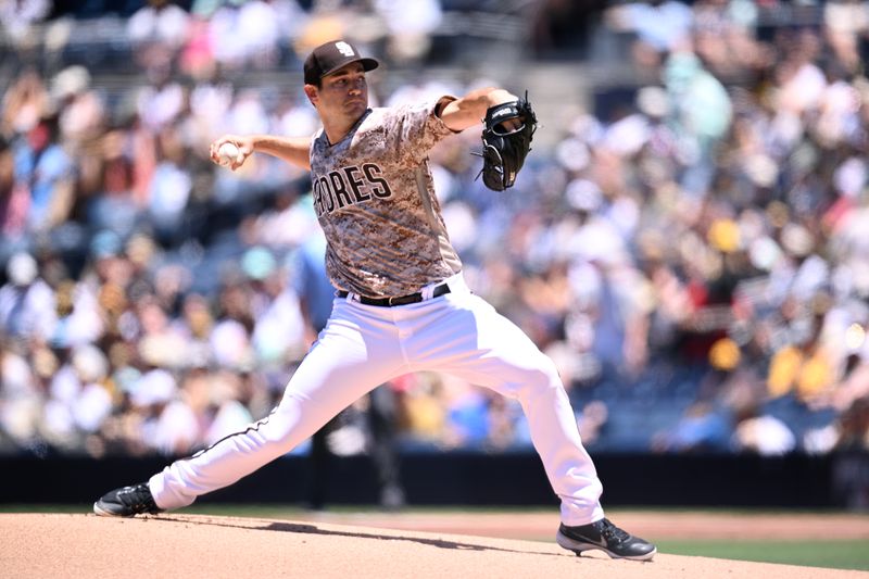 Jun 25, 2023; San Diego, California, USA; San Diego Padres starting pitcher Seth Lugo (67) throws a pitch against the Washington Nationals during the first inning at Petco Park. Mandatory Credit: Orlando Ramirez-USA TODAY Sports