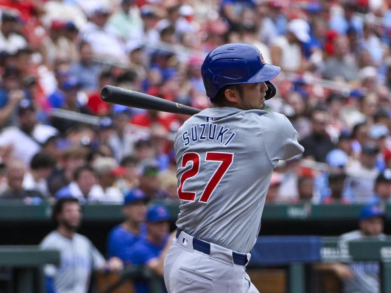 Jul 14, 2024; St. Louis, Missouri, USA; Chicago Cubs right fielder Seiya Suzuki (27) hits a one run single against the St. Louis Cardinals during the third inning at Busch Stadium. Mandatory Credit: Jeff Curry-USA TODAY Sports