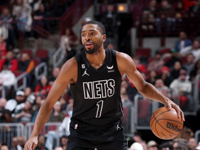 CHICAGO, IL - FEBRUARY 24: Mikal Bridges #1 of the Brooklyn Nets handles the ball during the game against the Chicago Bulls on February 24, 2023 at United Center in Chicago, Illinois. NOTE TO USER: User expressly acknowledges and agrees that, by downloading and or using this photograph, User is consenting to the terms and conditions of the Getty Images License Agreement. Mandatory Copyright Notice: Copyright 2023 NBAE (Photo by Jeff Haynes/NBAE via Getty Images)