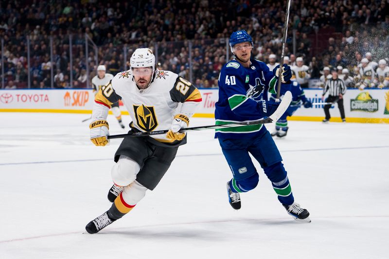 Nov 30, 2023; Vancouver, British Columbia, CAN; Vegas Golden Knights forward Chandler Stephenson (20) and Vancouver Canucks forward Elias Pettersson (40) skates after the loose puck in the first period at Rogers Arena. Mandatory Credit: Bob Frid-USA TODAY Sports