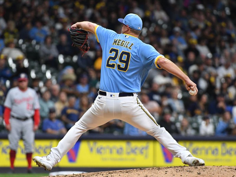 Sep 15, 2023; Milwaukee, Wisconsin, USA; Milwaukee Brewers relief pitcher Trevor Megill (29) delivers a pitch against the Washington Nationals in the sixth inning at American Family Field. Mandatory Credit: Michael McLoone-USA TODAY Sports