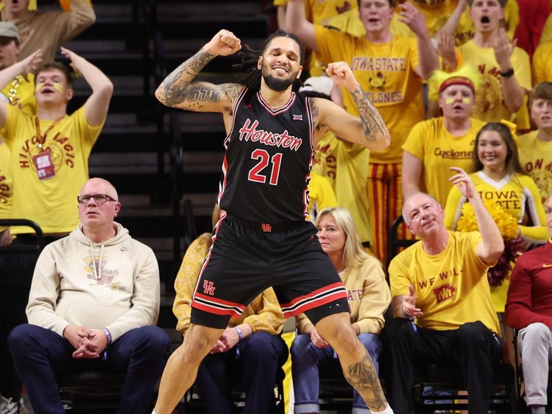 Feb 16, 2026; Ames, Iowa, USA;  Iowa State Cyclones forward Dominykas Pleta (21) reacts during the first half at James H. Hilton Coliseum. Mandatory Credit: Reese Strickland-Imagn Images