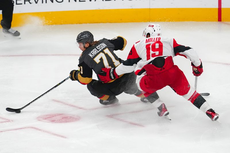 Oct 20, 2025; Las Vegas, Nevada, USA; Vegas Golden Knights center William Karlsson (71) skates around Carolina Hurricanes defenseman K'Andre Miller (19) during the third period at T-Mobile Arena. Mandatory Credit: Stephen R. Sylvanie-Imagn Images