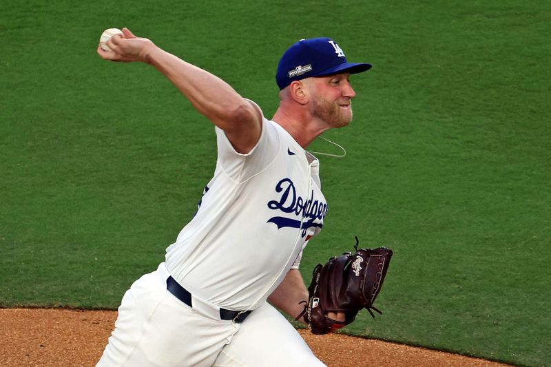 Oct 20, 2024; Los Angeles, California, USA; Los Angeles Dodgers pitcher Ben Casparius (78) pitches during the second inning against the New York Mets during game six of the NLCS for the 2024 MLB playoffs at Dodger Stadium. Mandatory Credit: Kiyoshi Mio-Imagn Images