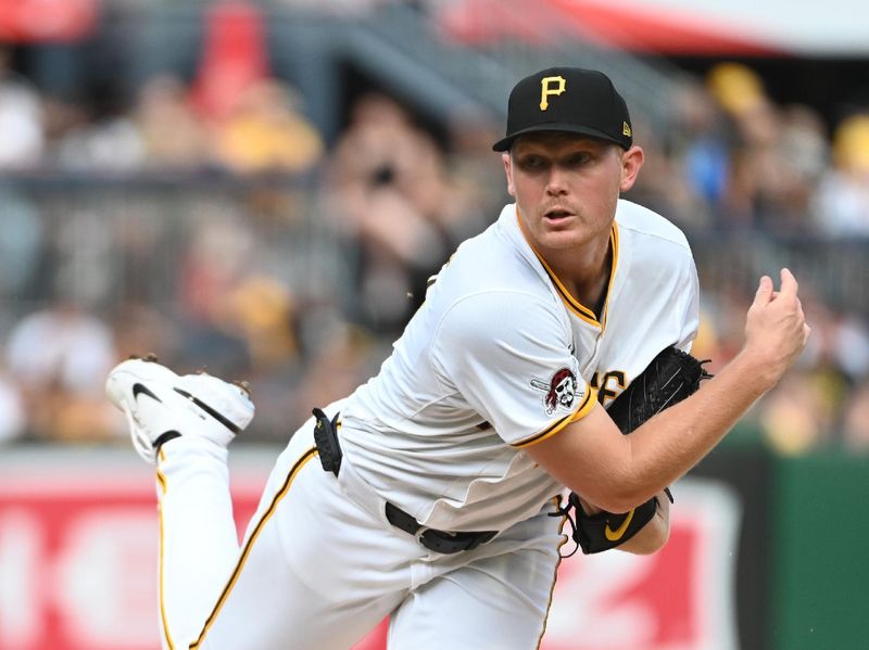 Aug 3, 2024; Pittsburgh, Pennsylvania, USA;  Pittsburgh Pirates starting pitcher Mitch Keller (23) throws against the Arizona Diamondbacks in the first inning at PNC Park. Mandatory Credit: Philip G. Pavely-USA TODAY Sports