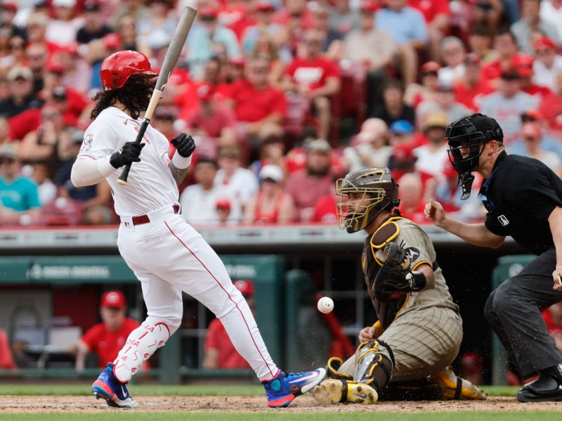 Jul 2, 2023; Cincinnati, Ohio, USA; Cincinnati Reds second baseman Jonathan India (6) is hit by a pitch against the San Diego Padres during the fifth inning at Great American Ball Park. Mandatory Credit: David Kohl-USA TODAY Sports