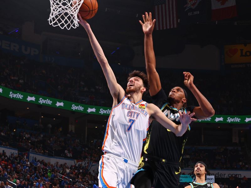 OKLAHOMA CITY, OK - MARCH 12: Chet Holmgren #7 of the Oklahoma City Thunder drives to the basket during the game against the Indiana Pacers on March 12, 2024 at Paycom Arena in Oklahoma City, Oklahoma. NOTE TO USER: User expressly acknowledges and agrees that, by downloading and or using this photograph, User is consenting to the terms and conditions of the Getty Images License Agreement. Mandatory Copyright Notice: Copyright 2024 NBAE (Photo by Zach Beeker/NBAE via Getty Images)