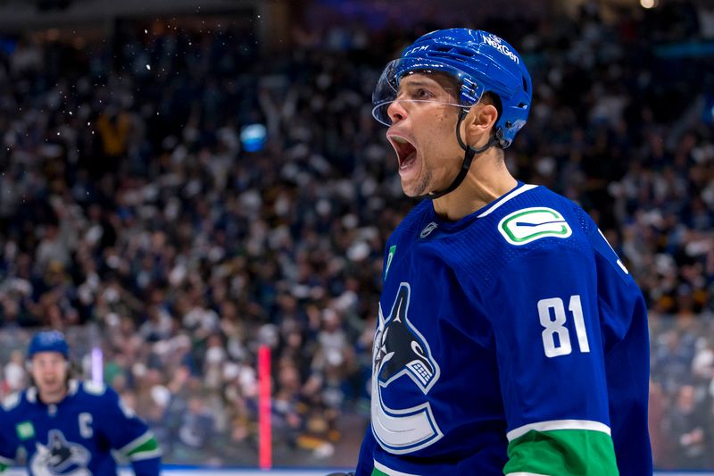 Apr 21, 2024; Vancouver, British Columbia, CAN; Vancouver Canucks forward Dakota Joshua (81) celebrates scoring the game winning goal against the Nashville Predators in the third period in game one of the first round of the 2024 Stanley Cup Playoffs at Rogers Arena. Mandatory Credit: Bob Frid-USA TODAY Sports