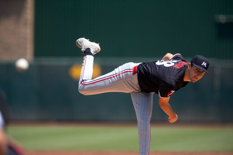 Jun 5, 2025; West Sacramento, California, USA;  Minnesota Twins starting pitcher David Festa (58) delivers a pitch against the Athletics during the first inning at Sutter Health Park. Mandatory Credit: D. Ross Cameron-Imagn Images