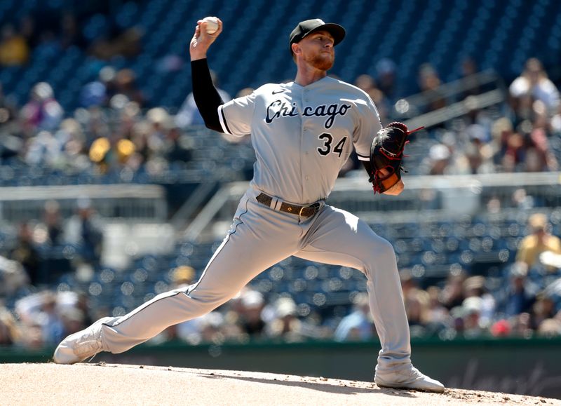 Apr 9, 2023; Pittsburgh, Pennsylvania, USA;  Chicago White Sox starting pitcher Michael Kopech (34) delivers a pitch against the Pittsburgh Pirates during the first inning at PNC Park. Mandatory Credit: Charles LeClaire-USA TODAY Sports