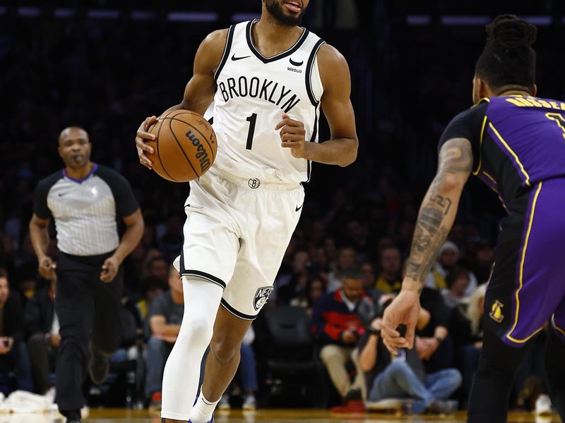 LOS ANGELES, CALIFORNIA - JANUARY 19:  Mikal Bridges #1 of the Brooklyn Nets in the second half at Crypto.com Arena on January 19, 2024 in Los Angeles, California.  NOTE TO USER: User expressly acknowledges and agrees that, by downloading and/or using this photograph, user is consenting to the terms and conditions of the Getty Images License Agreement.  (Photo by Ronald Martinez/Getty Images)