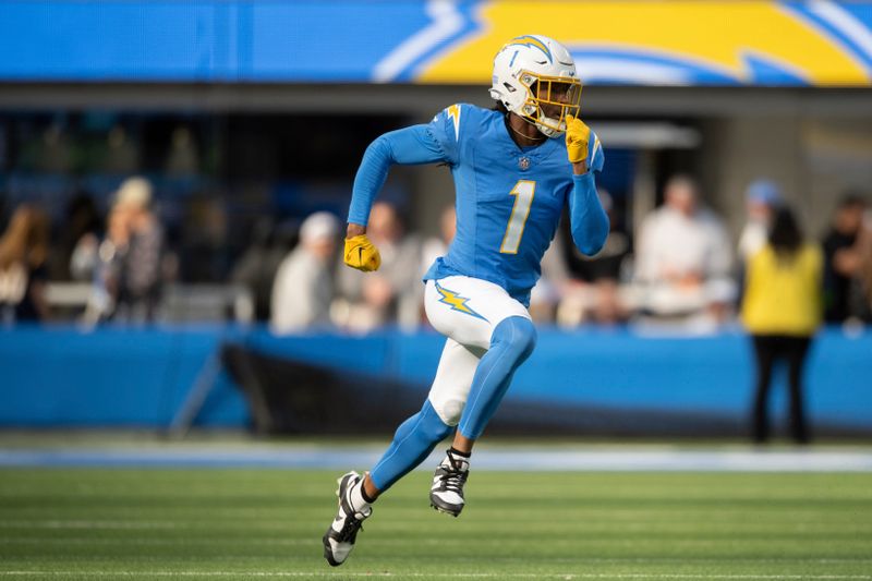 Los Angeles Chargers wide receiver Quentin Johnston (1) runs during an NFL football game against the Kansas City Chiefs, Sunday, Jan. 7, 2024, in Inglewood, Calif. (AP Photo/Kyusung Gong)