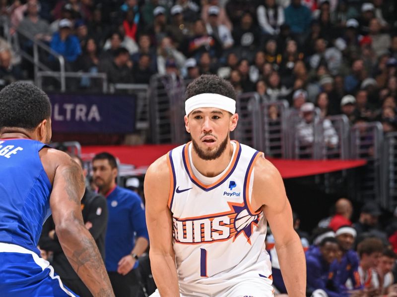 LOS ANGELES, CA - JANUARY 8: Devin Booker #1 of the Phoenix Suns dribbles the ball during the game against the LA Clippers on January 8, 2024 at Crypto.Com Arena in Los Angeles, California. NOTE TO USER: User expressly acknowledges and agrees that, by downloading and/or using this Photograph, user is consenting to the terms and conditions of the Getty Images License Agreement. Mandatory Copyright Notice: Copyright 2024 NBAE (Photo by Andrew D. Bernstein/NBAE via Getty Images)