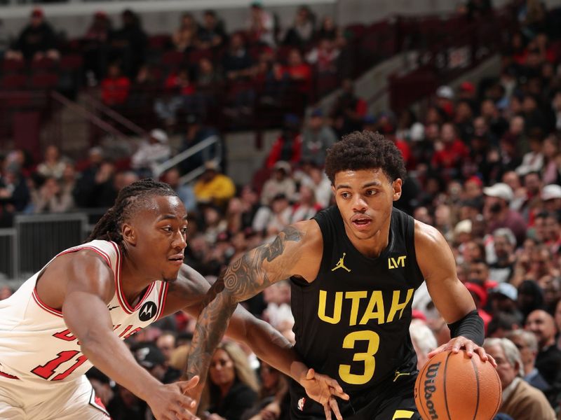 CHICAGO, IL - NOVEMBER 4: Keyonte George #3 of the Utah Jazz drives to the basket during the game against the Chicago Bulls on NOVEMBER 4, 2024 at United Center in Chicago, Illinois. NOTE TO USER: User expressly acknowledges and agrees that, by downloading and or using this photograph, User is consenting to the terms and conditions of the Getty Images License Agreement. Mandatory Copyright Notice: Copyright 2024 NBAE (Photo by Gary Dineen/NBAE via Getty Images)