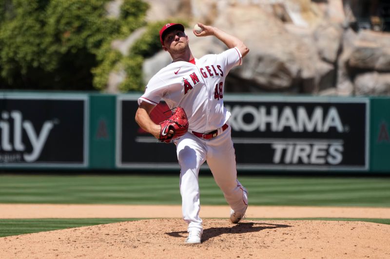 Jul 2, 2023; Anaheim, California, USA; Los Angeles Angels starting pitcher Reid Detmers (48) throws against the Arizona Diamondbacks at Angel Stadium. Mandatory Credit: Kirby Lee-USA TODAY Sports