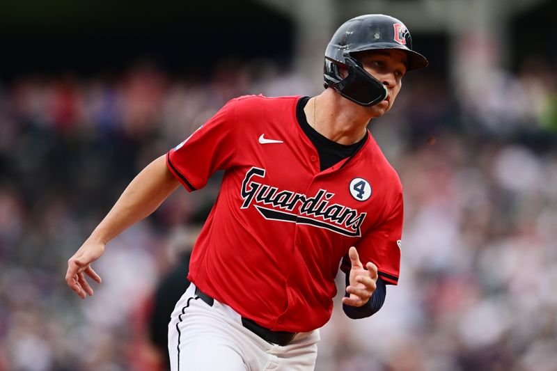 Jun 2, 2024; Cleveland, Ohio, USA; Cleveland Guardians right fielder Will Brennan (17) advances to third on a hit by Cleveland Guardians third baseman Gabriel Arias (not pictured) during the second inning against the Washington Nationals at Progressive Field. Mandatory Credit: Ken Blaze-USA TODAY Sports