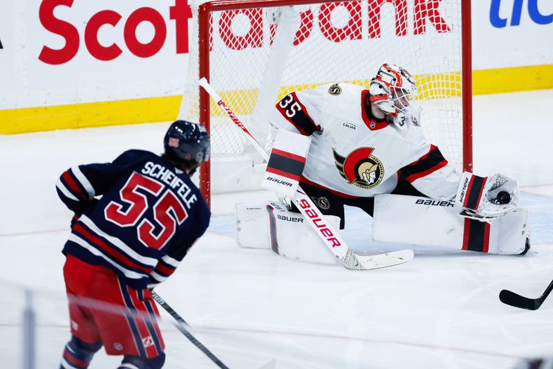 Dec 15, 2025; Winnipeg, Manitoba, CAN;  Ottawa Senators goalie Linus Ullmark (35) makes a save on a shot by Winnipeg Jets forward Mark Scheifele (55) during the third period at Canada Life Centre. Mandatory Credit: Terrence Lee-Imagn Images