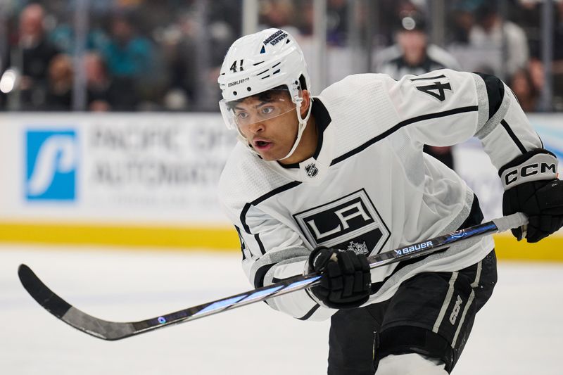 Apr 4, 2024; San Jose, California, USA; Los Angeles Kings center Akil Thomas (41) skates against the San Jose Sharks during the third period at SAP Center at San Jose. Mandatory Credit: Robert Edwards-USA TODAY Sports