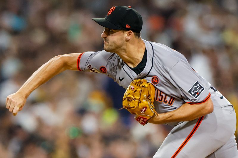 Sep 6, 2024; San Diego, California, USA; San Francisco Giants starting pitcher Mason Black (47) throws a pitch during the fifth inning against the San Diego Padres at Petco Park. Mandatory Credit: David Frerker-Imagn Images