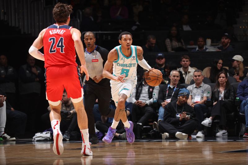 WASHINGTON, DC -? MARCH 8: Nick Smith Jr. #8 of the Charlotte Hornets handles the ball during the game  on March 8, 2024 at Capital One Arena in Washington, DC. NOTE TO USER: User expressly acknowledges and agrees that, by downloading and or using this Photograph, user is consenting to the terms and conditions of the Getty Images License Agreement. Mandatory Copyright Notice: Copyright 2024 NBAE (Photo by Stephen Gosling/NBAE via Getty Images)