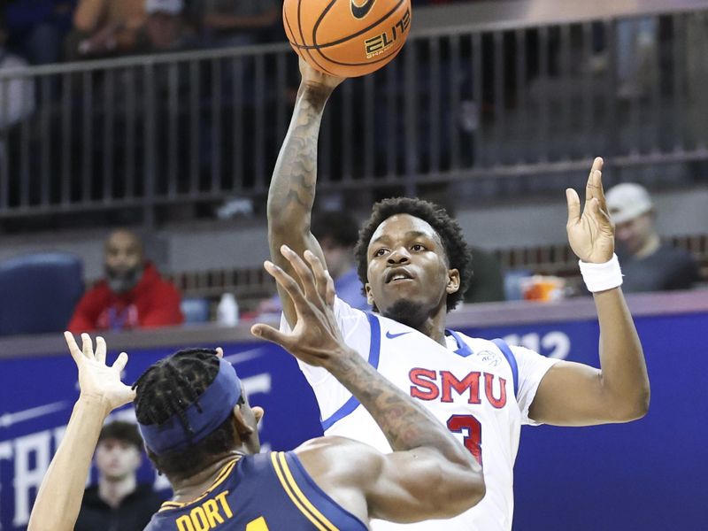 Jan 29, 2025; Dallas, Texas, USA;  Southern Methodist Mustangs guard Chuck Harris (3) passes over California Golden Bears forward Lee Dort (34) during the first half at Moody Coliseum. Mandatory Credit: Kevin Jairaj-Imagn Images