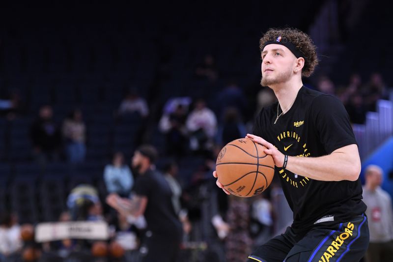 SAN FRANCISCO, CA - FEBRUARY 25: Brandin Podziemski #2 of the Golden State Warriors warms up before the game against the Charlotte Hornets on February 25, 2025 at Chase Center in San Francisco, California. NOTE TO USER: User expressly acknowledges and agrees that, by downloading and or using this photograph, user is consenting to the terms and conditions of Getty Images License Agreement. Mandatory Copyright Notice: Copyright 2025 NBAE (Photo by Noah Graham/NBAE via Getty Images)