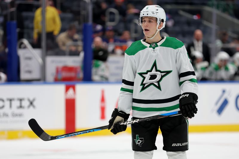 Jan 21, 2024; Elmont, New York, USA; Dallas Stars defenseman Nils Lundkvist (5) skates against the New York Islanders during the third period at UBS Arena. Mandatory Credit: Brad Penner-USA TODAY Sports