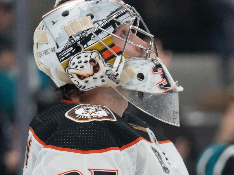 Feb 29, 2024; San Jose, California, USA; Anaheim Ducks goaltender John Gibson (36) looks up at the screen during the second period against the San Jose Sharks at SAP Center at San Jose. Mandatory Credit: Stan Szeto-USA TODAY Sports