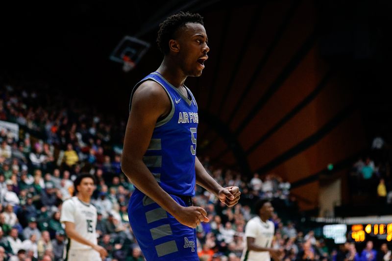 Jan 16, 2024; Fort Collins, Colorado, USA; Air Force Falcons guard Ethan Taylor (5) reacts after a play in the second half against the Colorado State Rams at Moby Arena. Mandatory Credit: Isaiah J. Downing-USA TODAY Sports