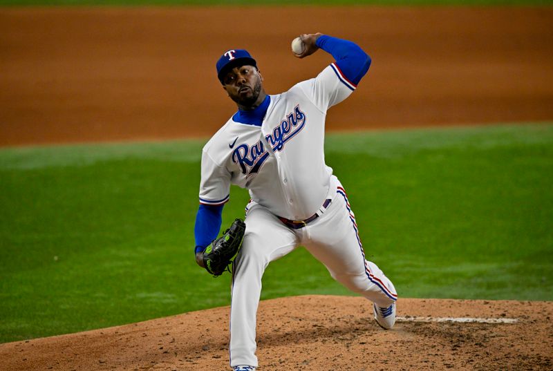 Aug 3, 2023; Arlington, Texas, USA; Texas Rangers relief pitcher Aroldis Chapman (45) pitches against the Chicago White Sox during the eighth inning at Globe Life Field. Mandatory Credit: Jerome Miron-USA TODAY Sports