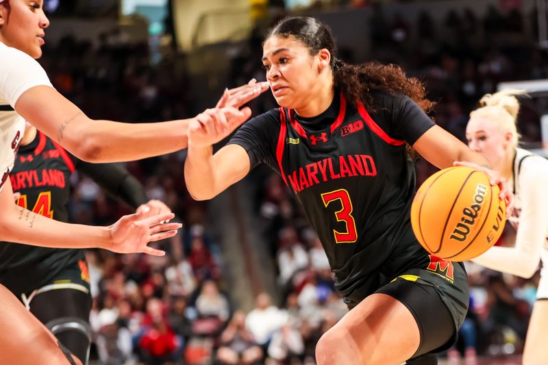 Nov 12, 2023; Columbia, South Carolina, USA; Maryland Terrapins guard Lavender Briggs (3) drives against the South Carolina Gamecocks in the second half at Colonial Life Arena. Mandatory Credit: Jeff Blake-USA TODAY Sports