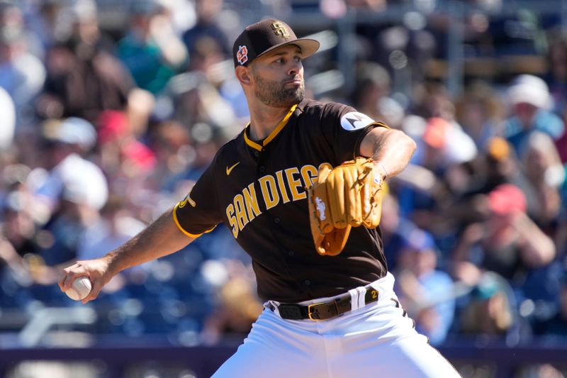 Feb 24, 2023; Peoria, Arizona, USA; San Diego Padres pitcher Nick Martinez (21) throws against the Seattle Mariners in the first inning at Peoria Sports Complex. Mandatory Credit: Rick Scuteri-USA TODAY Sports