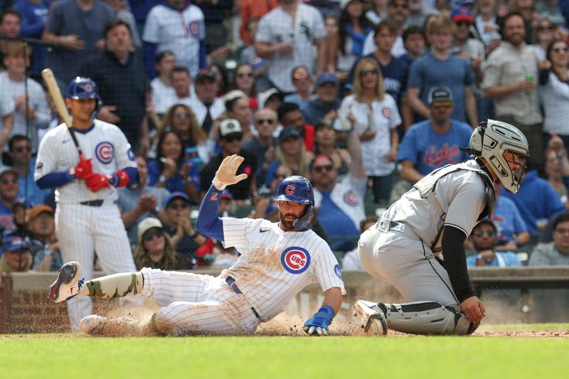 May 17, 2025; Chicago, Illinois, USA; Chicago Cubs shortstop Dansby Swanson (7) scores against the Chicago White Sox during the eight inning at Wrigley Field. Mandatory Credit: Kamil Krzaczynski-Imagn Images