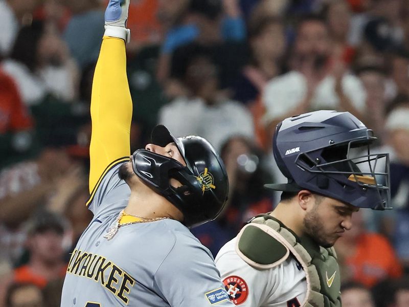 May 18, 2024; Houston, Texas, USA; Milwaukee Brewers catcher William Contreras (24) reacts to his three-run home run against the Houston Astros in the fifth inning at Minute Maid Park. Mandatory Credit: Thomas Shea-USA TODAY Sports