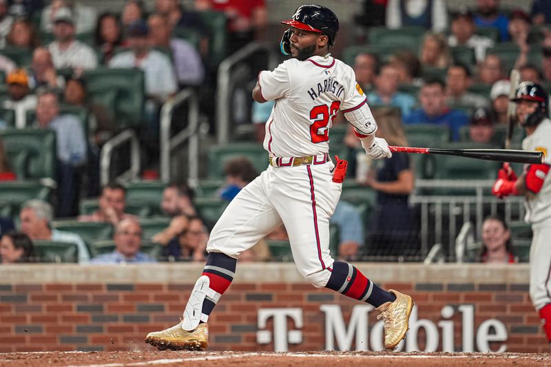 May 14, 2024; Cumberland, Georgia, USA; Atlanta Braves center fielder Michael Harris II (23) grounds out against the Chicago Cubs during the seventh inning at Truist Park. Mandatory Credit: Dale Zanine-USA TODAY Sports