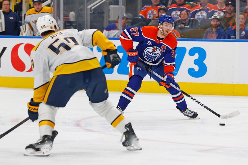 Jan 6, 2026; Edmonton, Alberta, CAN; Edmonton Oilers forward Connor McDavid (97) looks to make a pass in front of Nashville Predators defensemen Roman Josi (59) during the third period at Rogers Place. Mandatory Credit: Perry Nelson-Imagn Images